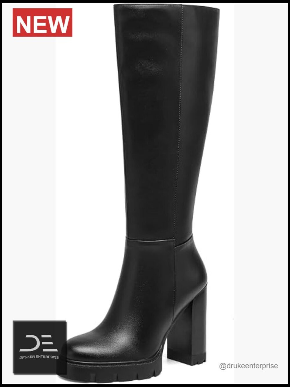 Chunky Block High Heel Knee High Boots with Side Zipper